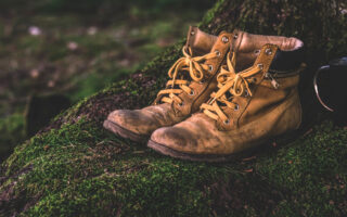 bruin lederen wandelschoenen in het bos